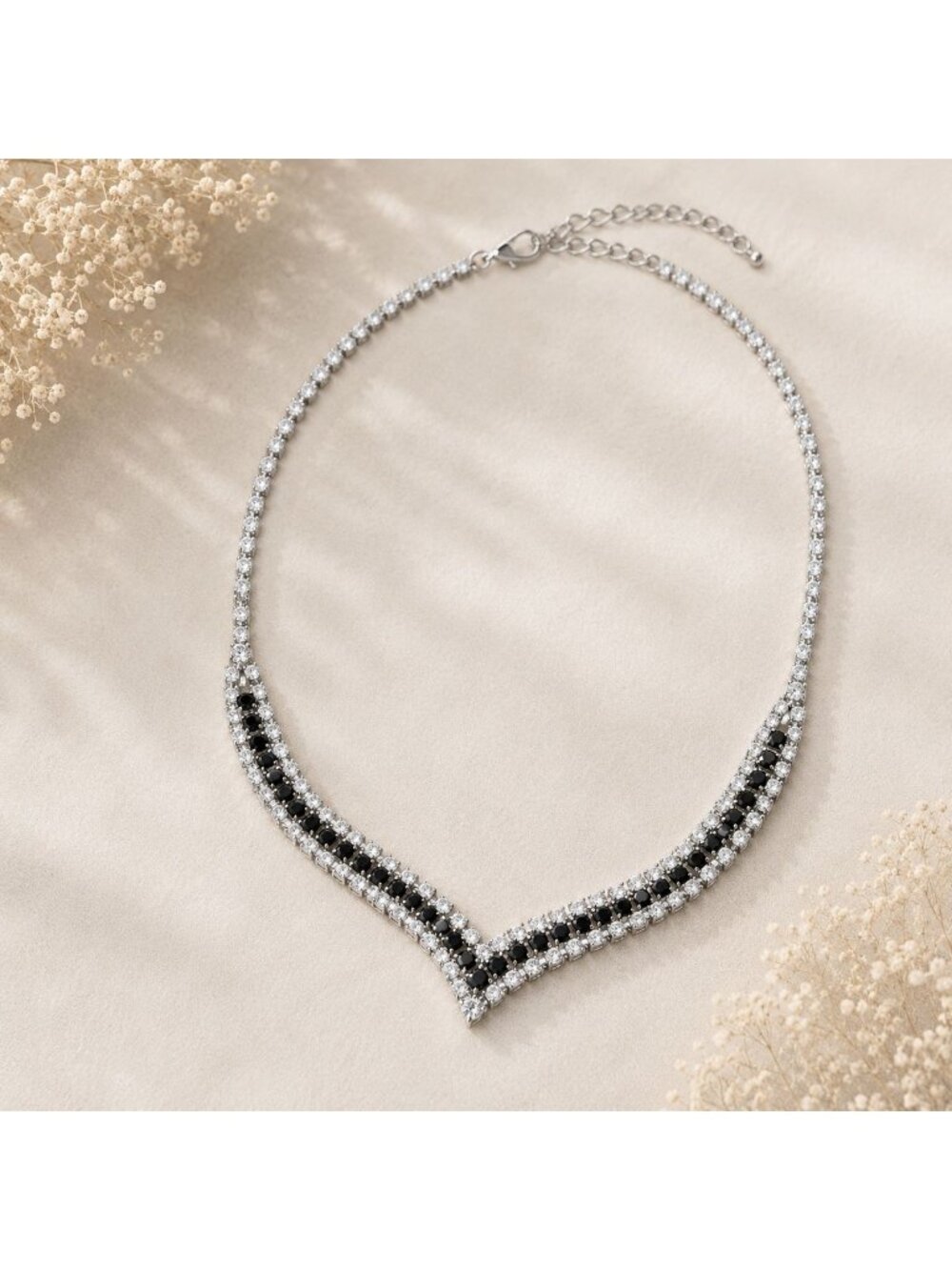 Vintage Jet Black Swarovski Crystal V Necklace Silver Overlay Formal Prom